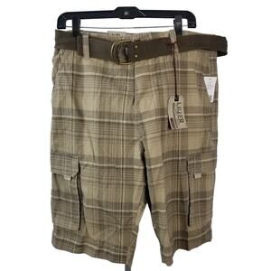 Lazar Garment Company Tan Brown Plaid Cargo Hiking Shorts Belted NEW Size 34